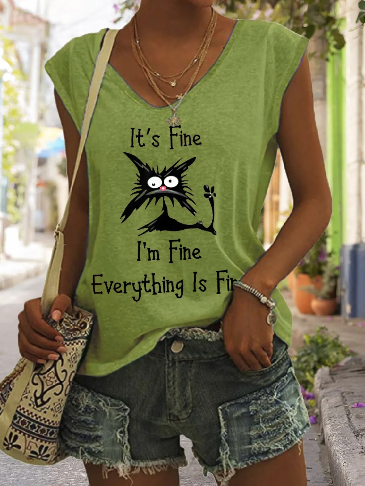 Women's It's Fine I'm Fine Everything Is Fine Funny Cat Print V-Neck Sleeveless Tee
