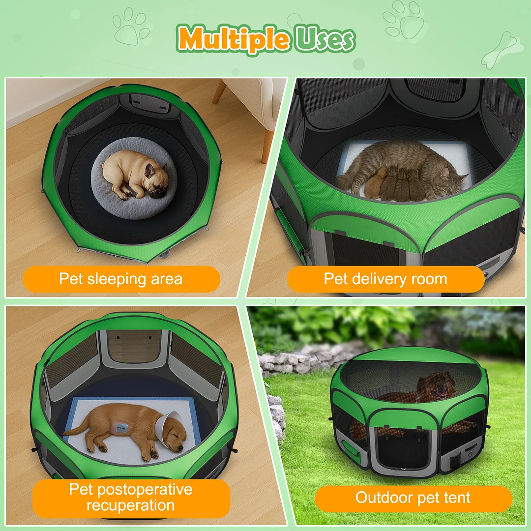 Upgraded Pet Dog Playpen for Small/Medium/Large Dogs Indoor/Outdoor, 600D Oxford Fabric Green Portable Cat Playpen Enclosed with Removable Zipper Top and Bottom（S）
