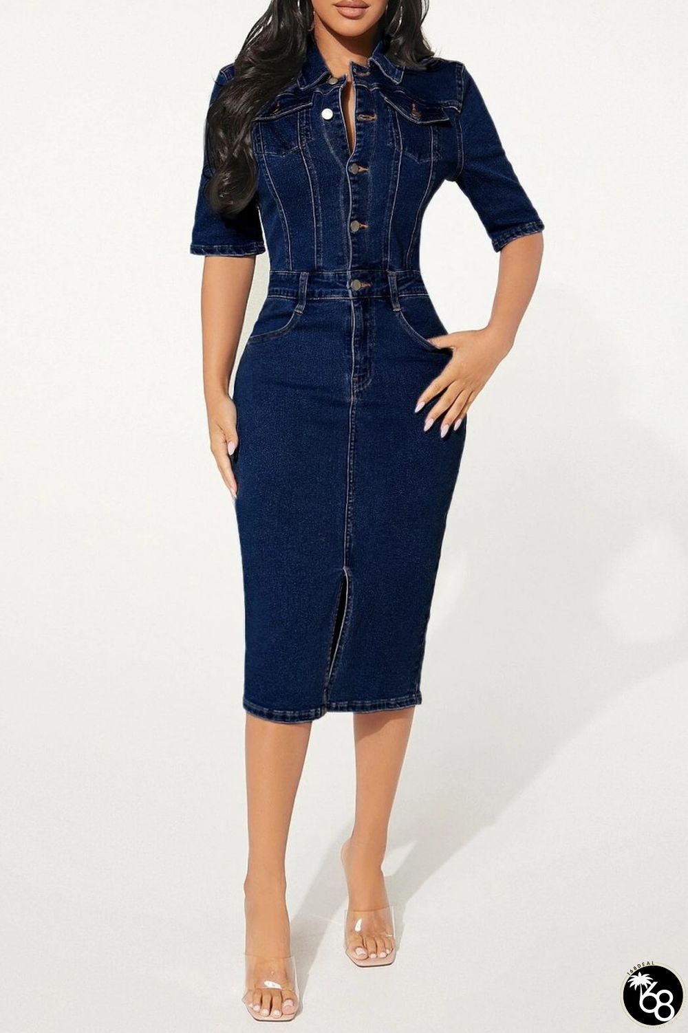 Deep Blue Casual Solid Patchwork Turndown Collar Half Sleeve Denim Dresses | 168DEAL