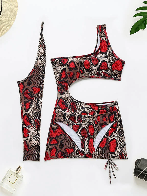 Fashion Snake-Print Three-Piece One-Shoulder Cropped One-Piece Swimwear