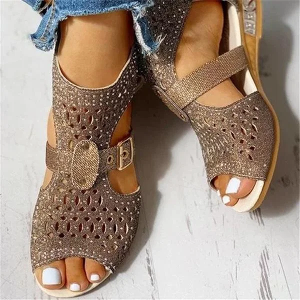 HUXM Studded Hollow Out Peep Toe Buckled Sandals