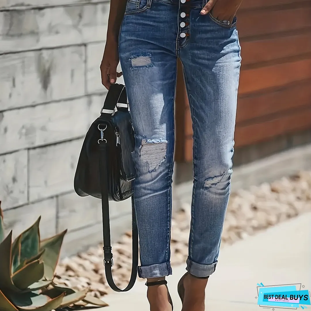 Blue Ripped Holes Denim Jeans, Slim Fit Single-Breasted Button High-Stretch Casual Denim Pants, Women's Denim Jeans & Clothing