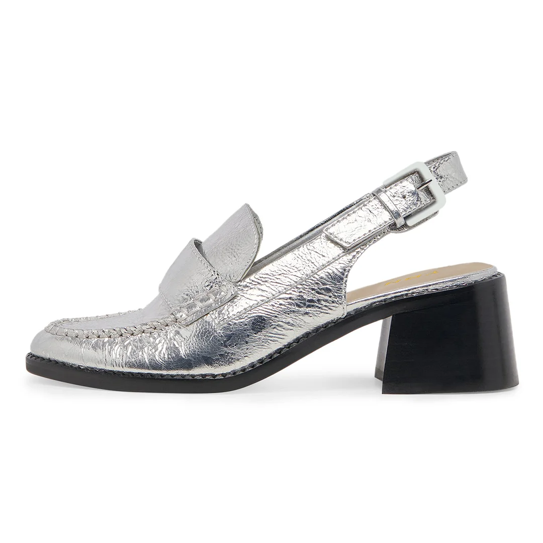 Silver Vegan Leather Metallic Touch Buckle Fastening Slingback Loafers