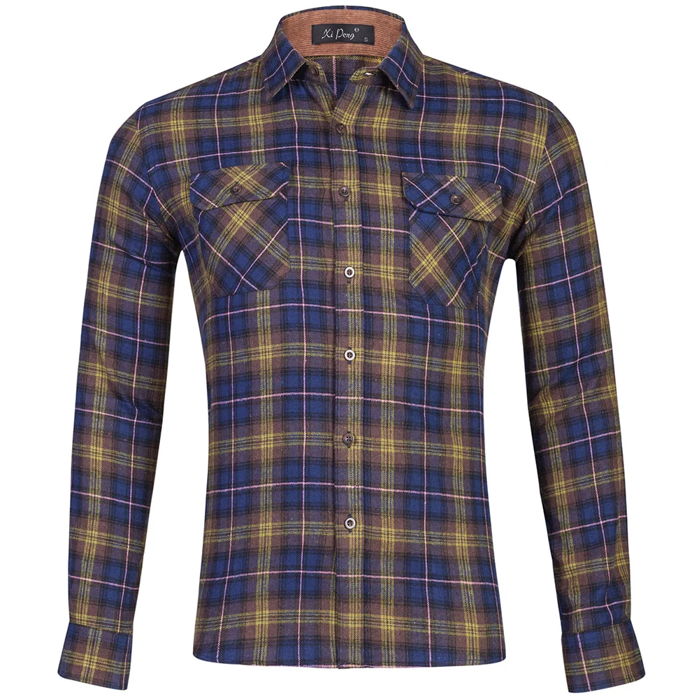 Men's Flannel Cotton Brushed Plaid Shirt Oversize Long Sleeve Plaid Shirts Ture US Size