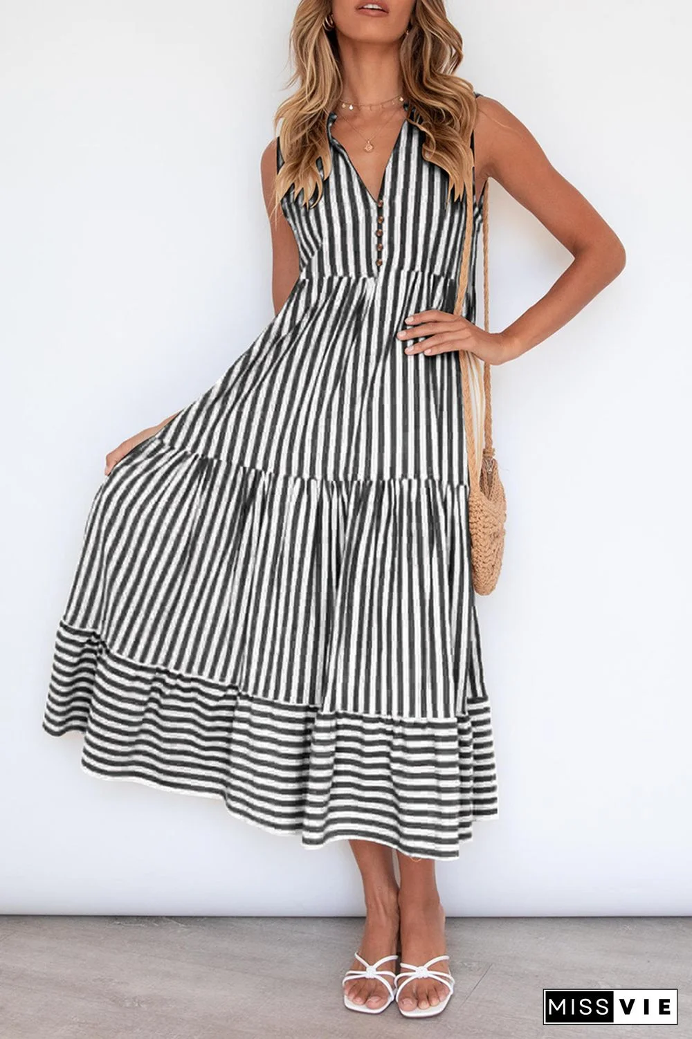 Casual Elegant Striped Flounce Without Belt V Neck A Line Dresses