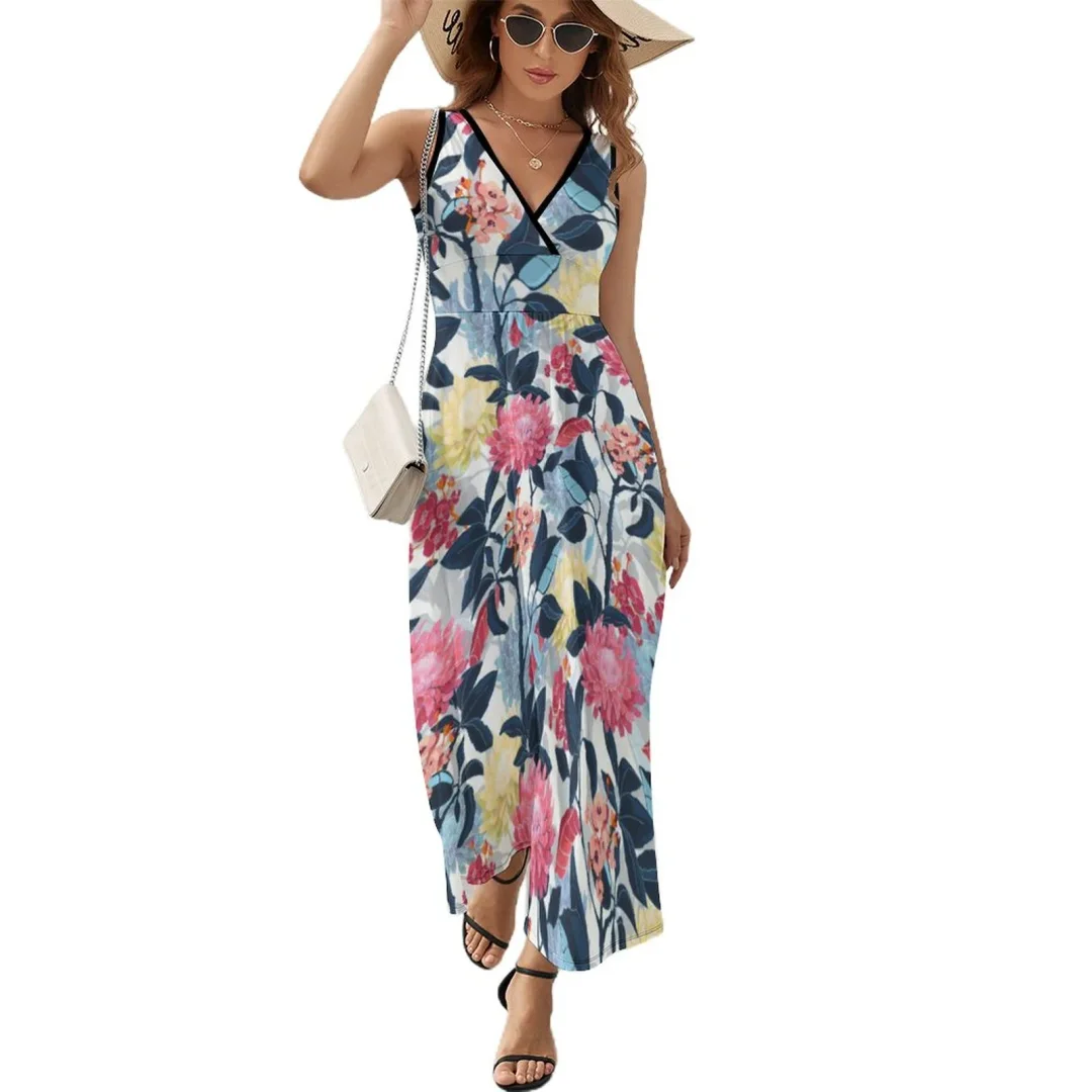 Pink Navy Floral Maxi Sleeveless Dress Women’s Casual V-Neck Sleeveless Long Maxi Dress Loose Sundress