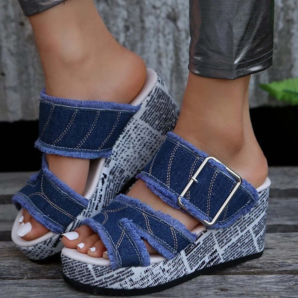 Smiledeer 2023 summer thick-soled slippers printed fish mouth wedge denim sandals