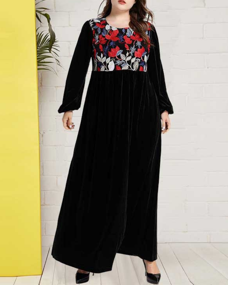 Casual and Dignified Velvet Plant Embroidered Long Sleeve Long Dress