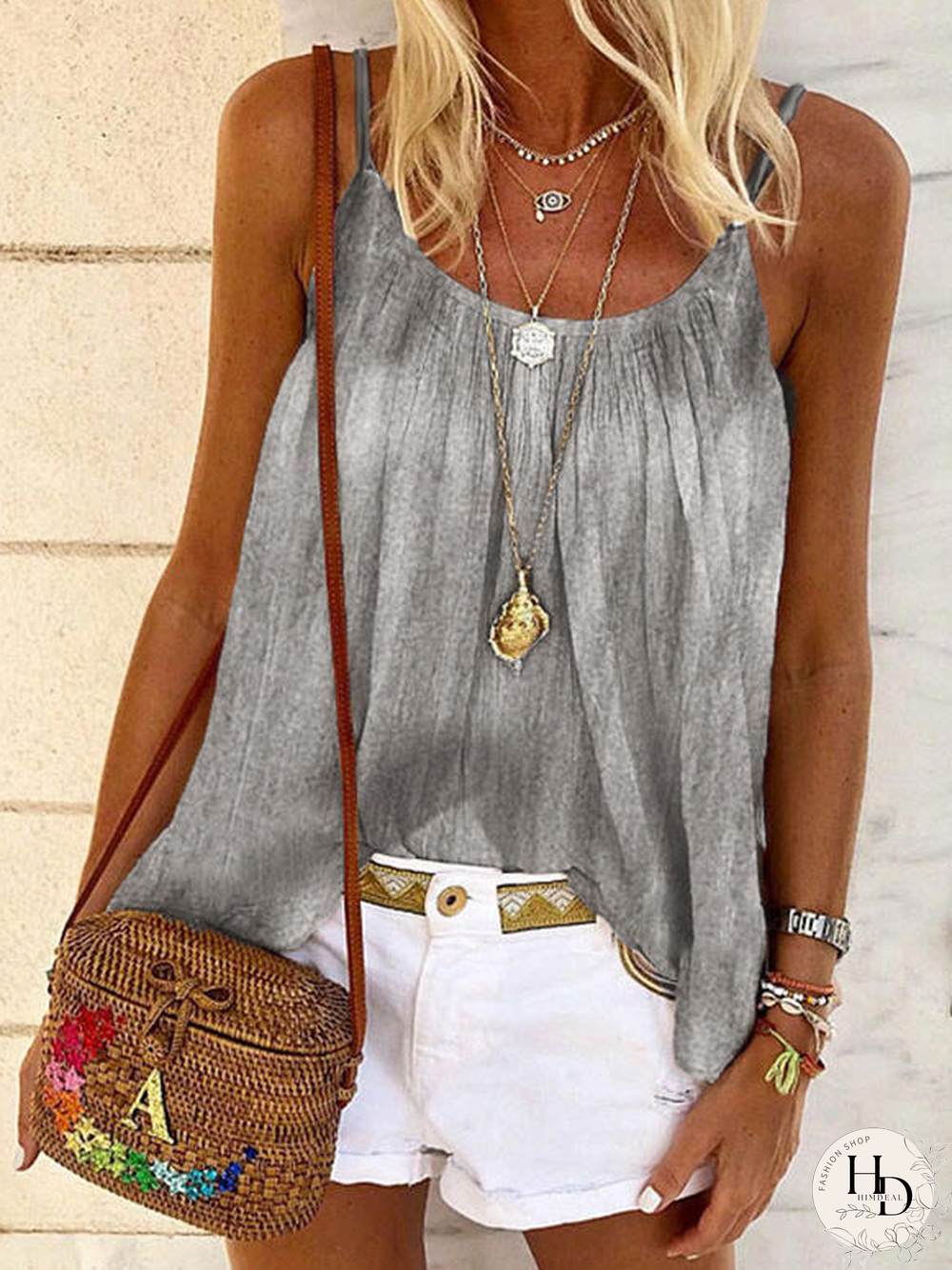 Spaghetti Casual Woven Loose Fitting Ribbed Tank Tops