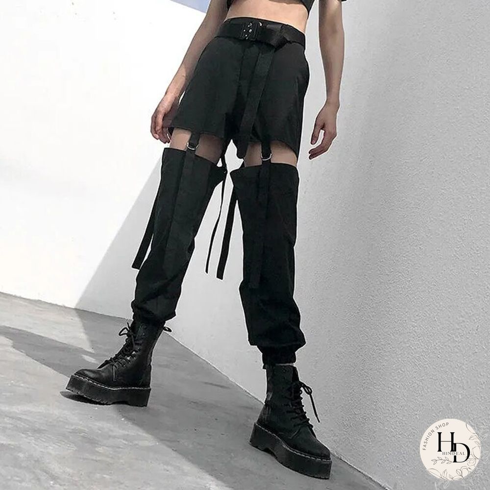 Harajuku Pants Fashion Hollow Out High WaistCargo Women Elastic Solid Black TrousersNew