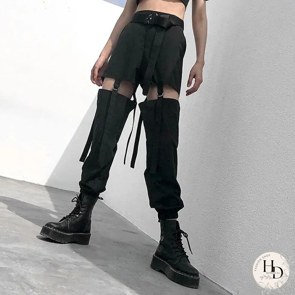 Harajuku Pants Fashion Hollow Out High Waist Cargo Pants Women Elastic Solid Black BF Trousers New Korean Summer Streetwear