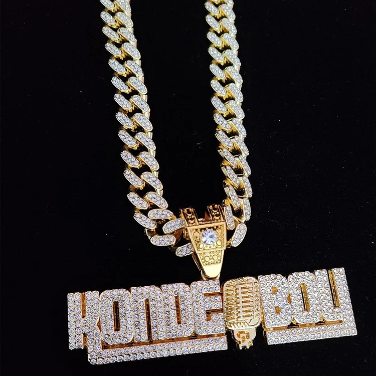 Iced Out Letter KONDE BOY Pendant with 13mm Cuban Chain Necklace Jewelry