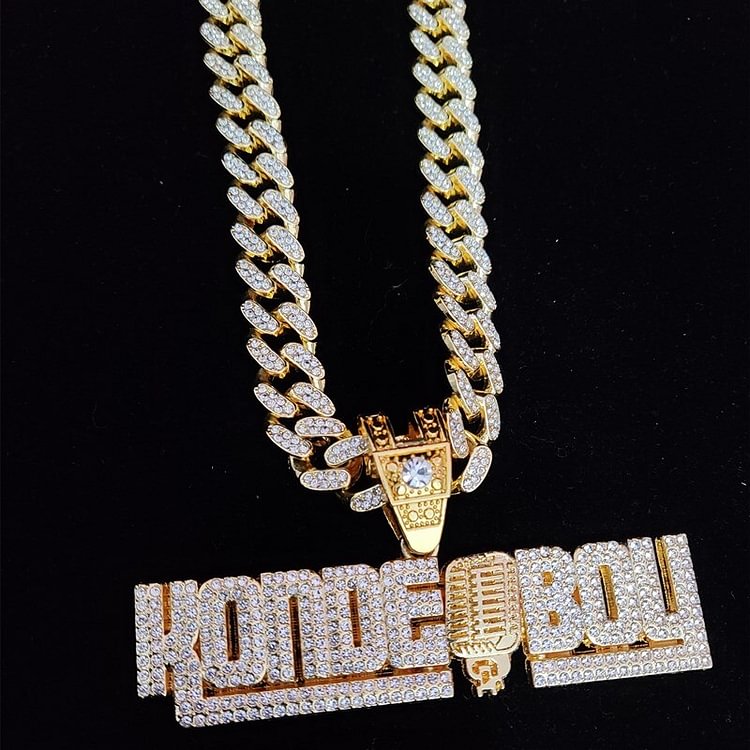 Iced Out Letter KONDE BOY Pendant with 13mm Cuban Chain Necklace Jewelry