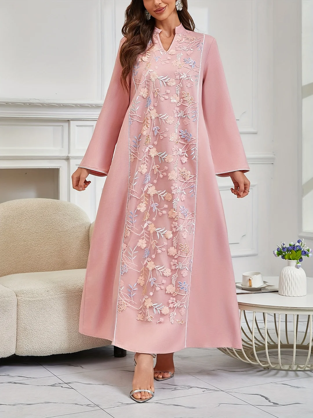 Long Sleeve Floor-Length Elegant Turkish Kaftan Dress | Middle Eastern-Inspired Solid Color Polyester Gown With Net Panel Detailing, Machine Washable All-Season Formal & Casual Wear | IFYHOME