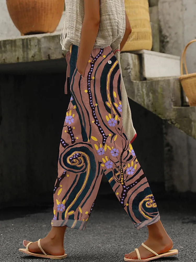 Aesthetic Flower Pattern Women's Linen Pants