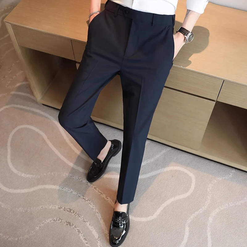 Bonusbuk 28-44 Brand Boutique Fashion Pure Color Men's Casual Business Office Official Suit Pants Groom Wedding Dress Party Suit Trousers