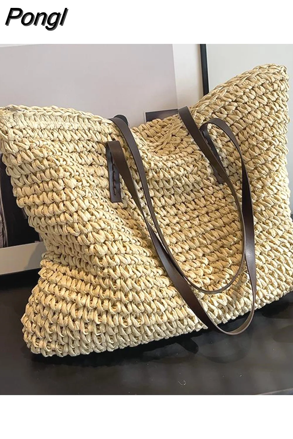 Pongl Design Straw Woven Tote Bags Summer Casual Large Capacity Handbags New Fashion Beach Women Shoulder Simple Style Shopping