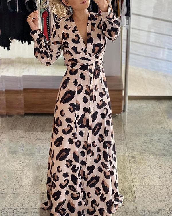 Leopard Long Sleeves A-line Skater Elegant Maxi Dresses - Chicaggo