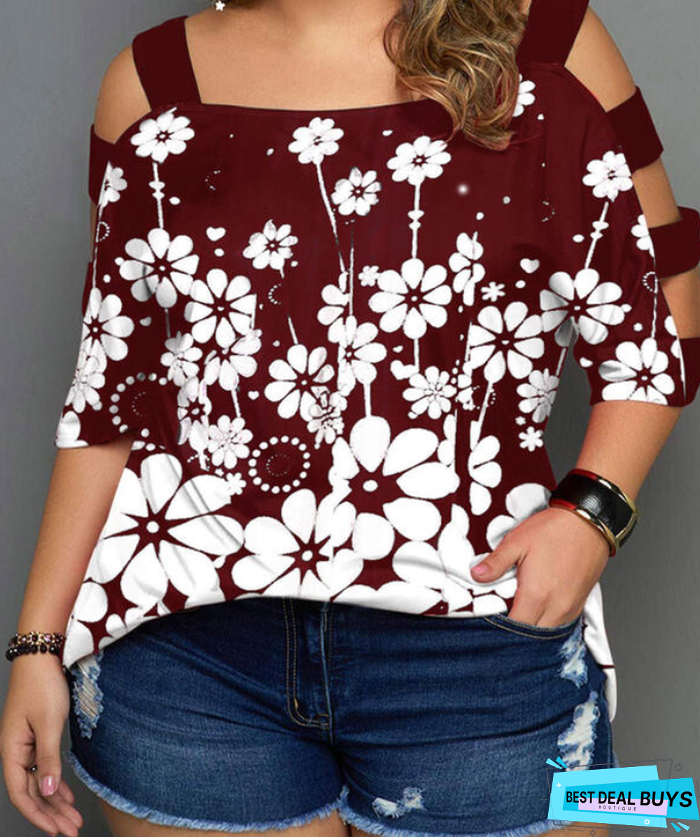 Print Floral Cold Shoulder 3/4 Sleeves Casual Plus Size Blouses