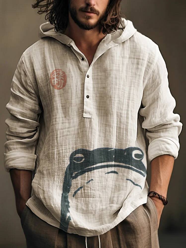 Comstylish Japanese Art Frog Print Linen Blend Hoodie