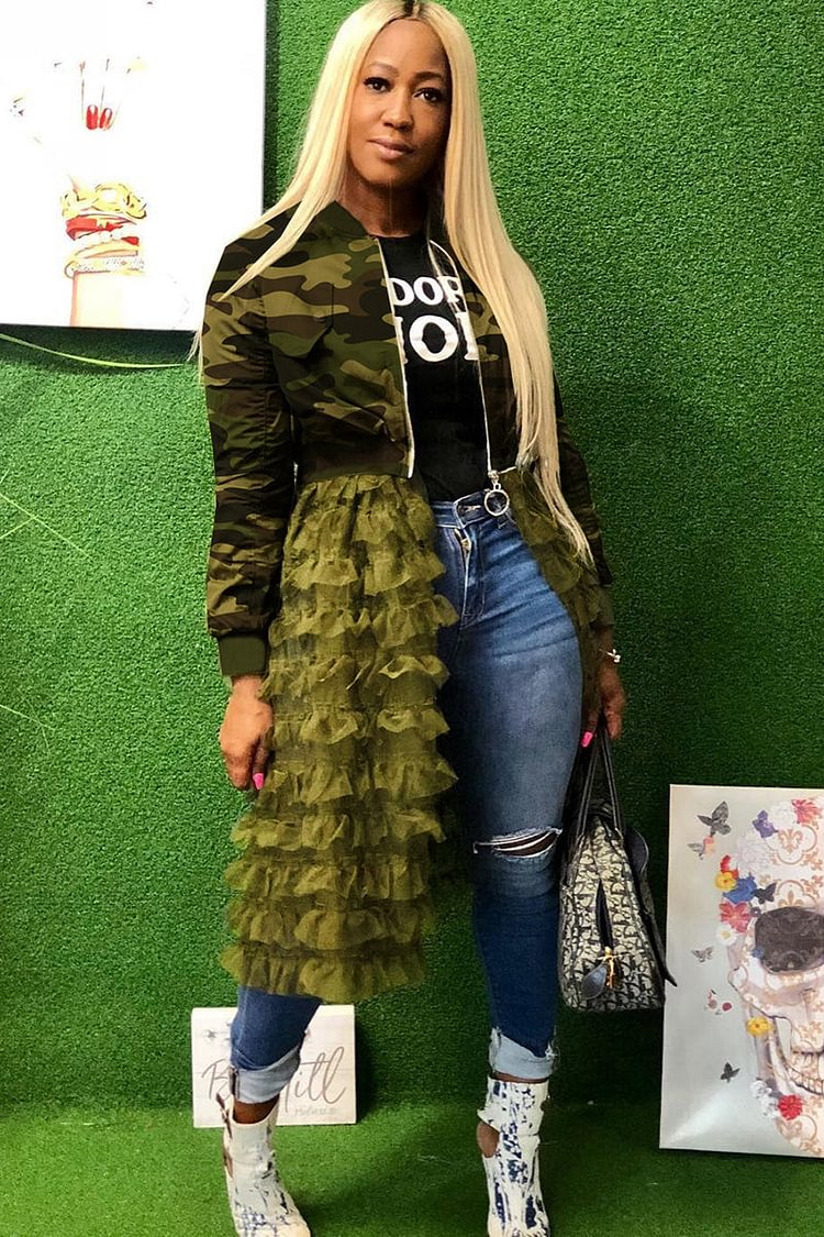 Animal Camo Print Ruffle Tiered Patchwork Midi Coat