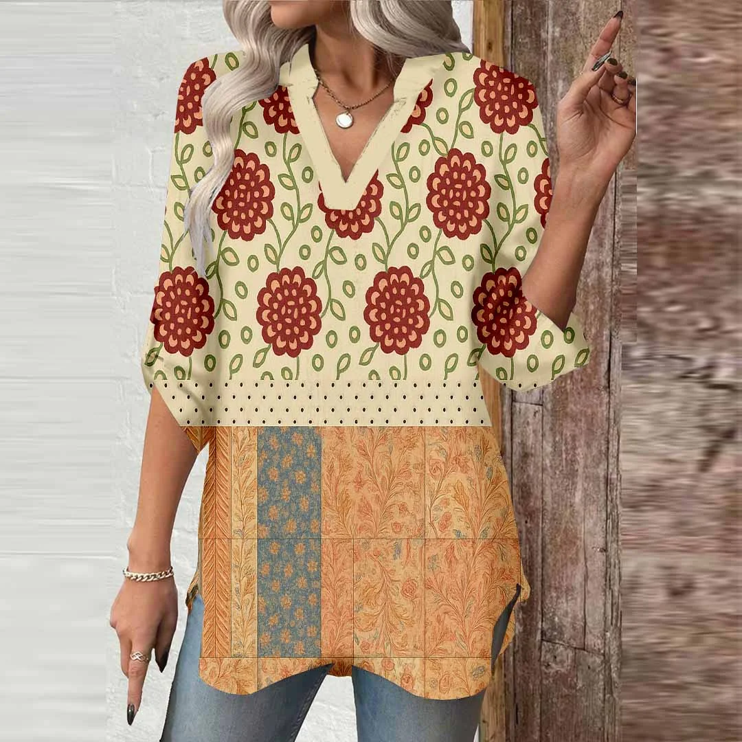 Women Bohemian,Beige,Orange DZGA0292 3/4 Sleeve V-neck Printed Graphic Button Tops