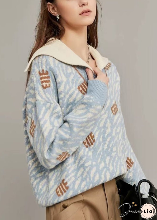 Light Blue Original Design Knit Sweaters Sailor Collar Winter