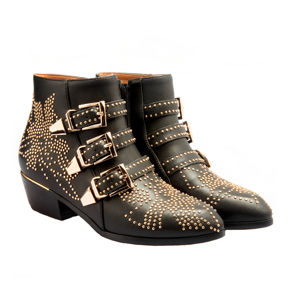 Women's Rivets Metal Buckle Low Heels Ankle Boots-vocosishoes