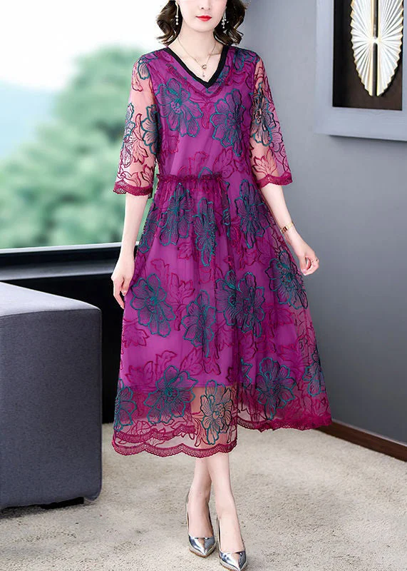 Beautiful Purple Embroideried Ruffled Tulle Dresses Half Sleeve