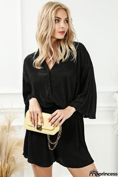 Pleated Button Up Shirt and Shorts Lounge Set