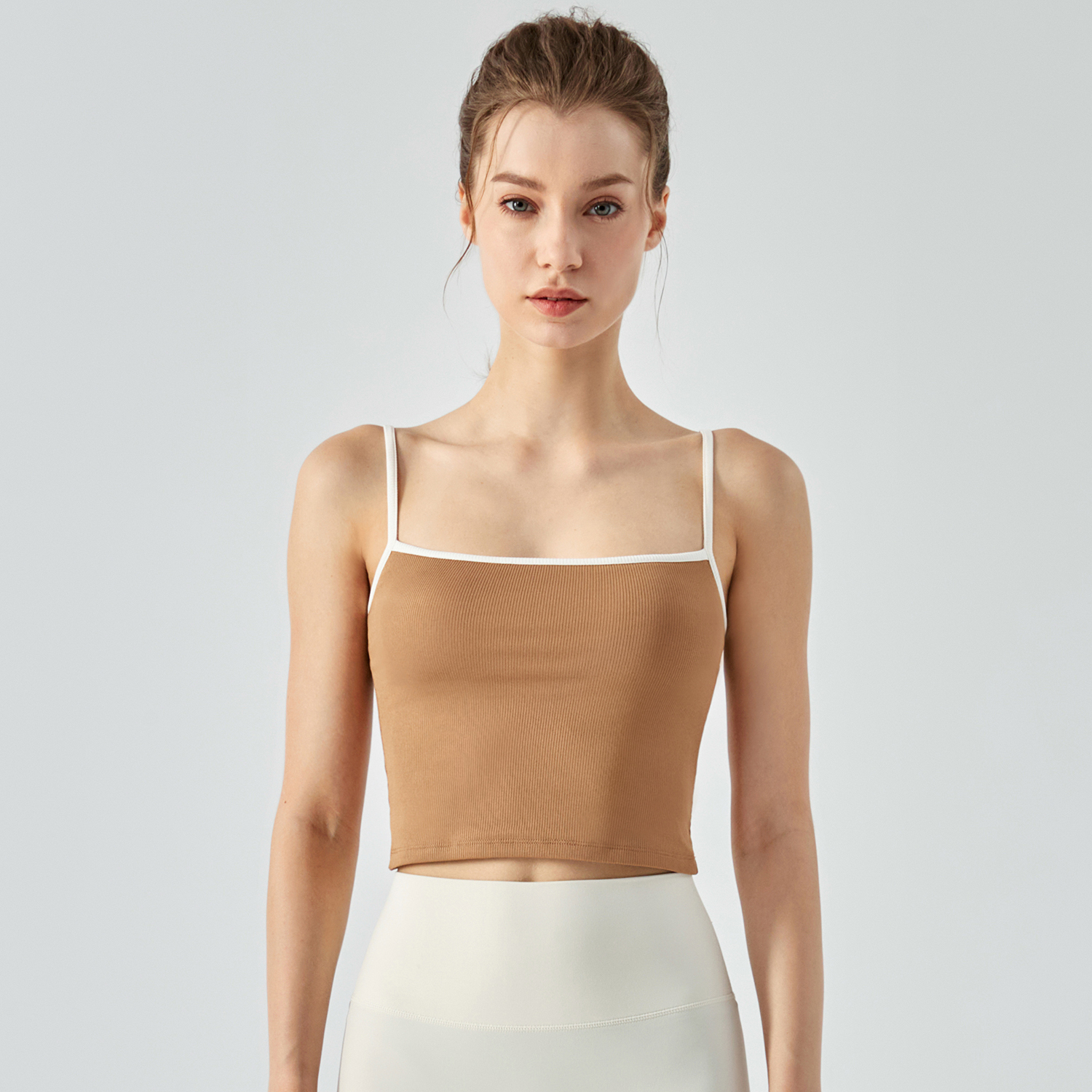 Buy women's slim fitting ribbed camisole gym tank top with removable cups of high quality on Hergymclothing Oatmeal Brown