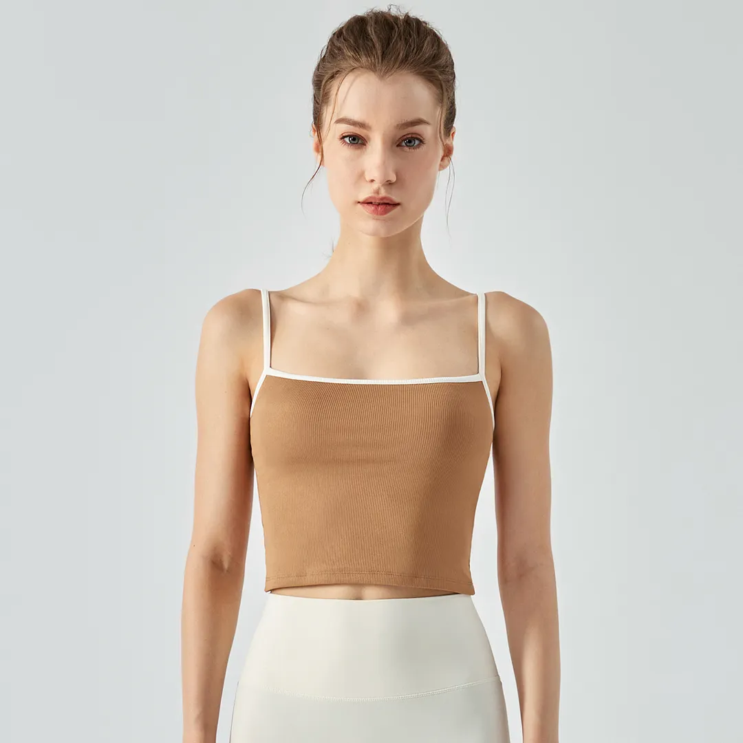 Buy women's slim fitting ribbed camisole gym tank top with removable cups of high quality on Hergymclothing Oatmeal Brown