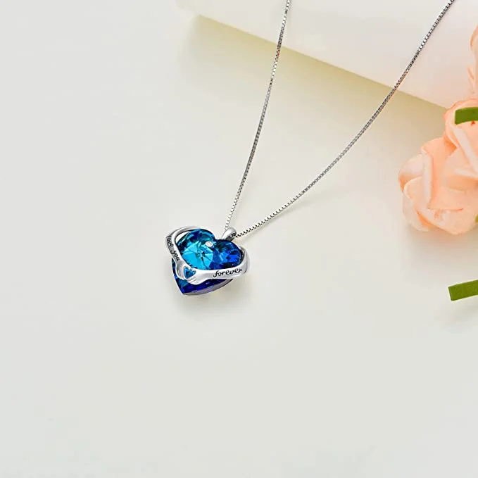 For Love - S925 I Had You and You Had Me Heart Blue Crystal Hug Necklace