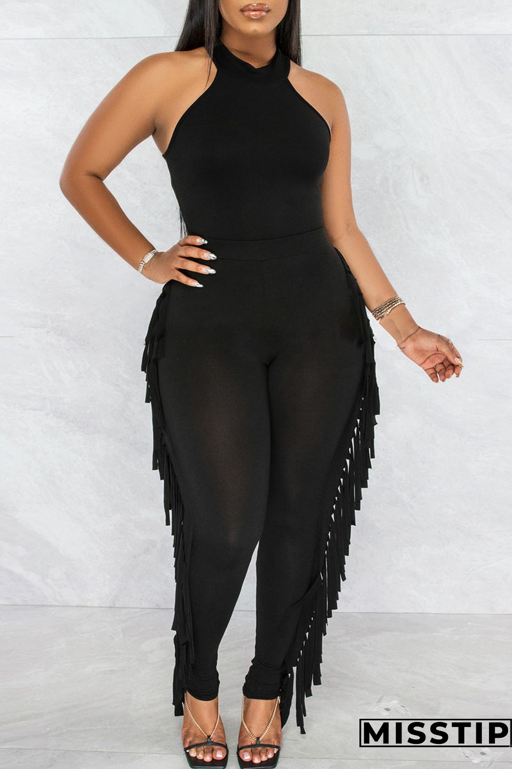 Black Casual Solid Tassel Patchwork O Neck Sleeveless Two Pieces