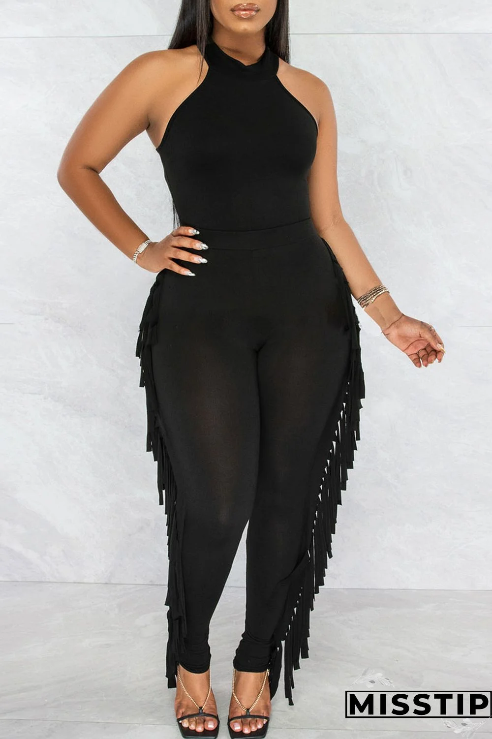 Black Casual Solid Tassel Patchwork O Neck Sleeveless Two Pieces