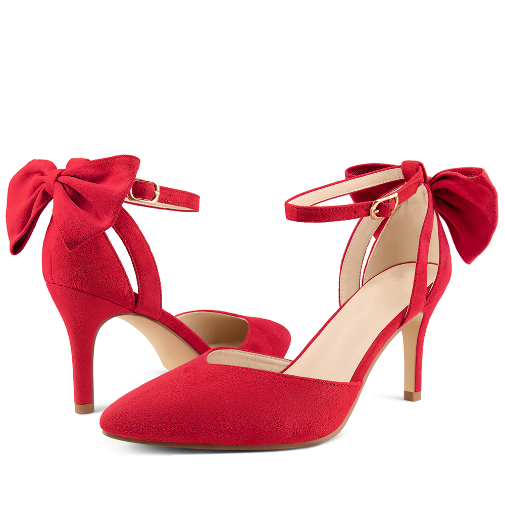 90mm Mid Heels for Women Bow Dress Heels Sandals Pointed Toe Pumps Apricot Bottoms Suede Shoes-MERUMOTE