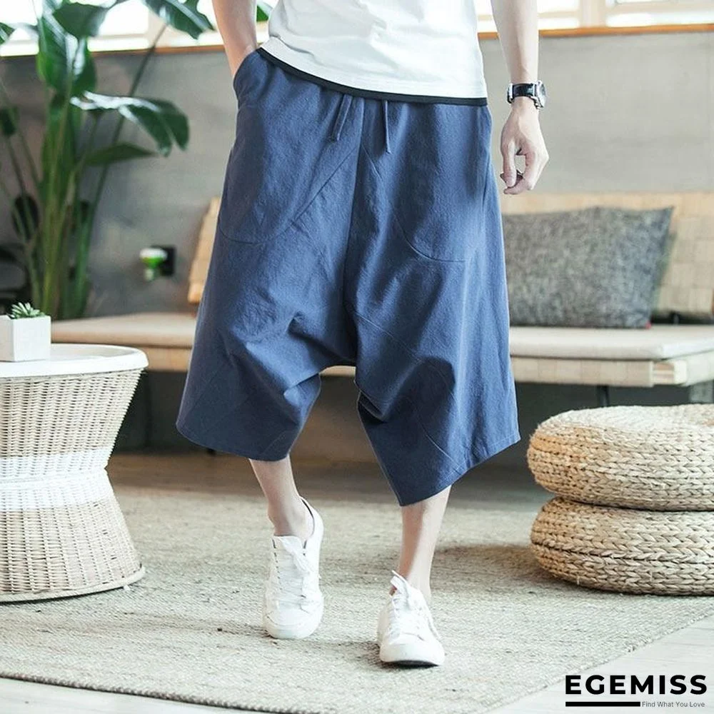 Men Wide Crotch Pants Loose Large Cropped Wide-legged Bloomers Flaxen Baggy Trousers | EGEMISS