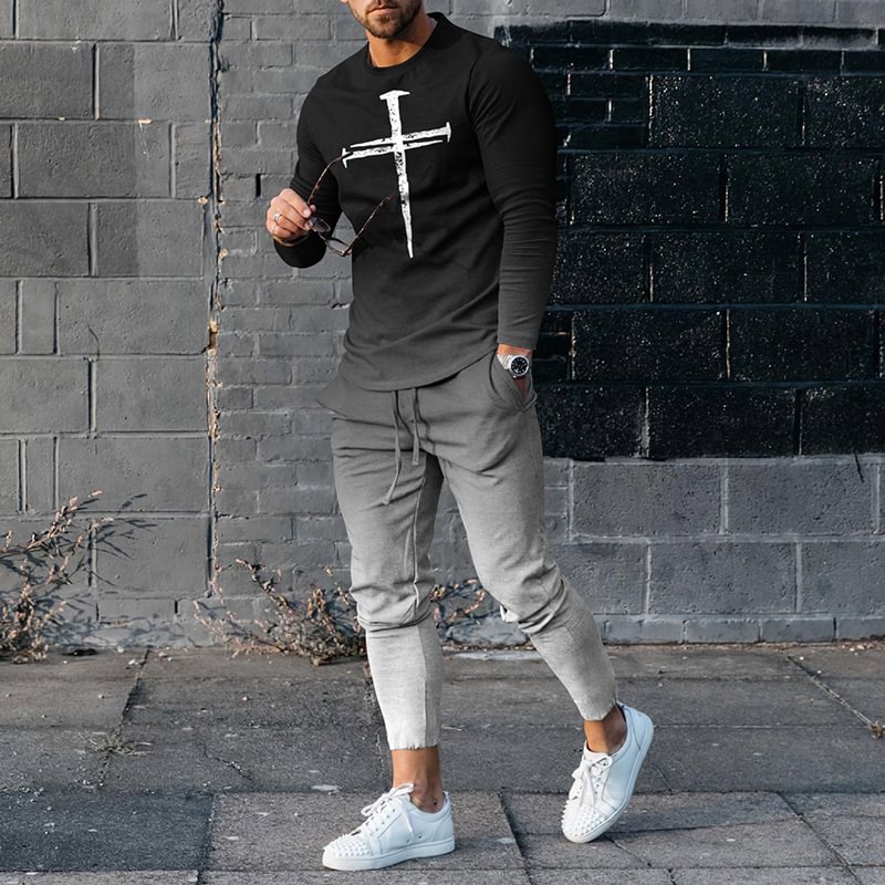 Men's Cross Pattern Gradient Long Sleeve T-Shirt And Pants Co-Ord