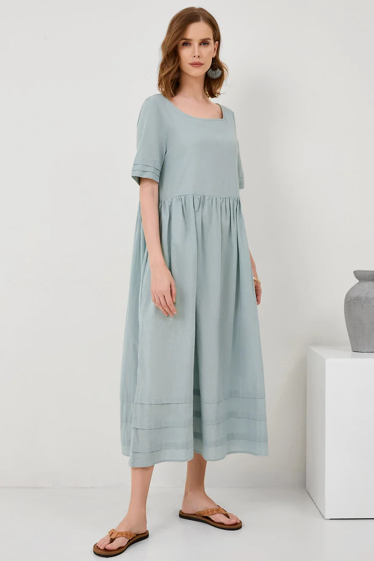 Pleated Crewneck Short Sleeve Cotton-Linen Dress