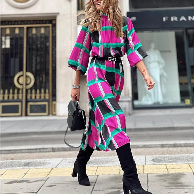 Ladies Fashion Turtleneck New Printed A-line Dress Spring Summer Women Half Sleeve Elegant Commute Streetwear Slim Party Dresses