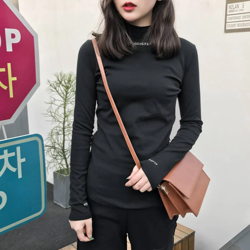 Brownm Brownm Spring 2024 Half Turtleneck Jacket Bottom Shirt Women's Letters Embroidered Slim Students Solid Color And Velvet Long Sleeve T-Shirt Women