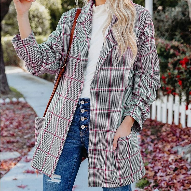 Women Casual Long Sleeve Straight Blazer Fashion Turn-down Collar Pockets Loose Jacket Elegant Houndstooth Plaid Print Cardigans