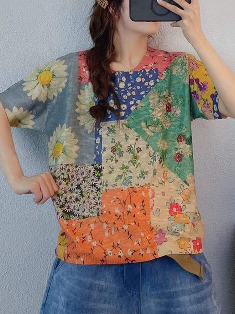 Floral Print Color Block Loose O neck Short Sleeve Knitted T Shirt P1838005