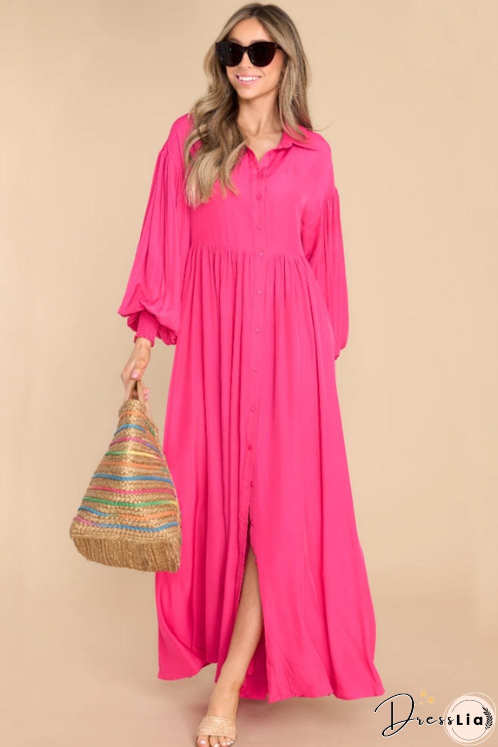Elegant Rose Balloon Sleeve Maxi Shirt Dress