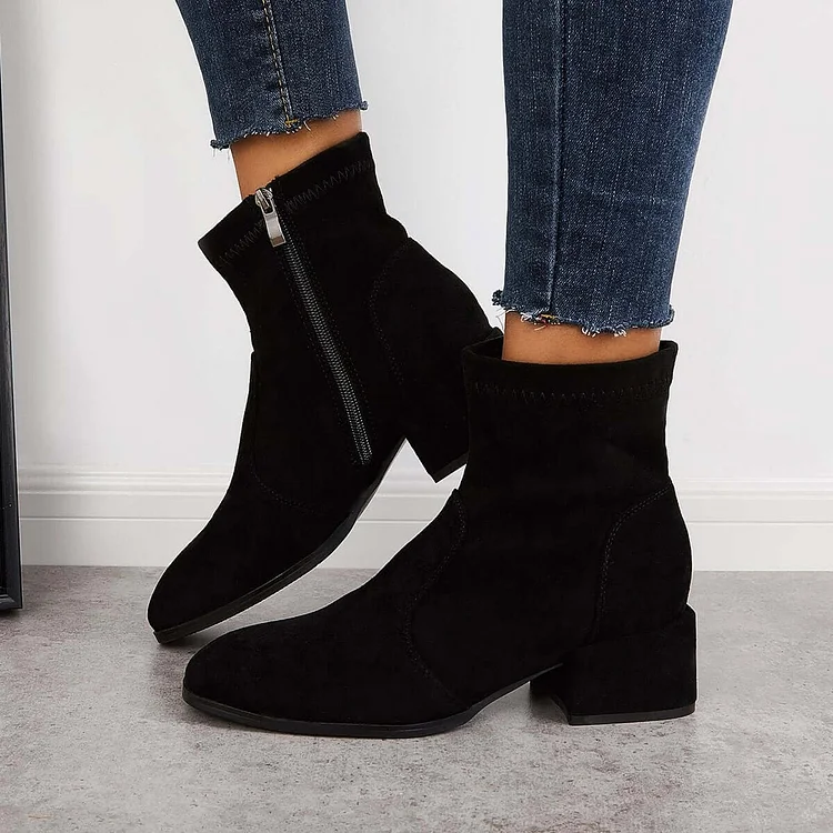 Black Suede Mid Block Heel Ankle Boots Side Zipper Booties