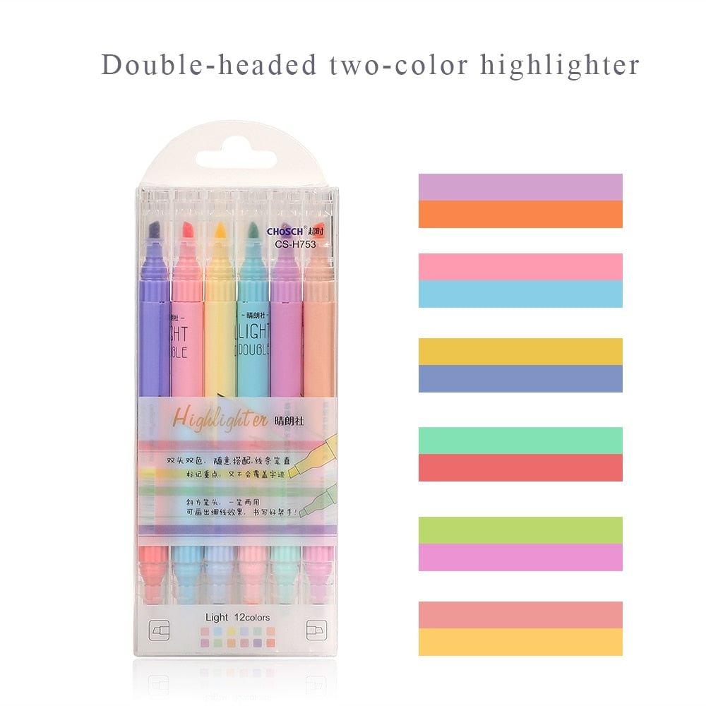 JIANWU 6Pcs/set Double-headed 12color Highlighter Pen Candy Colors Students Writing mark Journal Pens Kawaii School Supplies