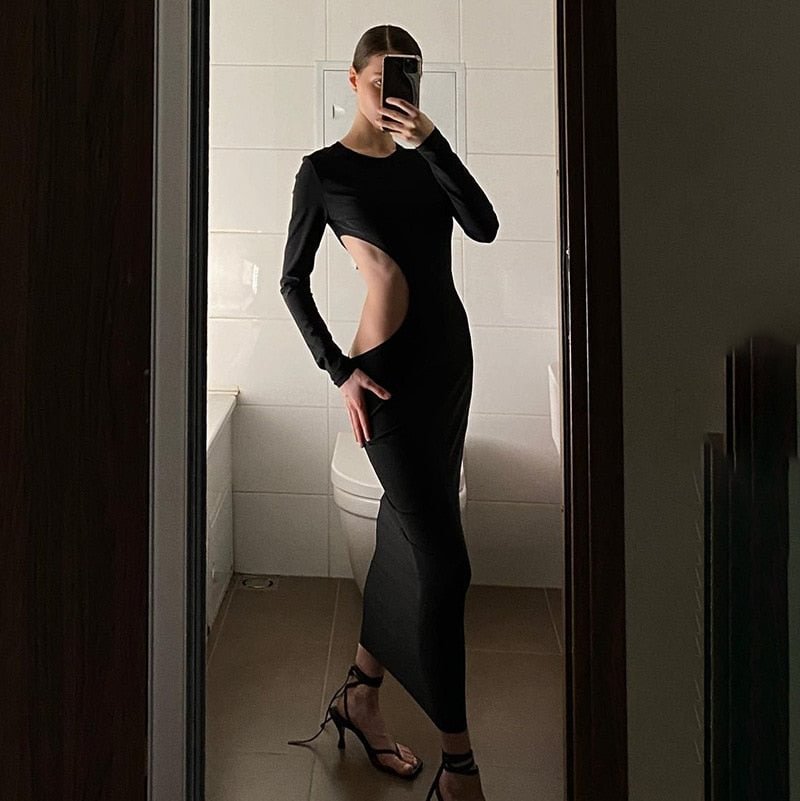 2022 Autumn Designer Clothes Black Long Sleeves Hollow Out Casual Evening Party Sexy Women'S Prom One Piece Basic Maxi Dresses