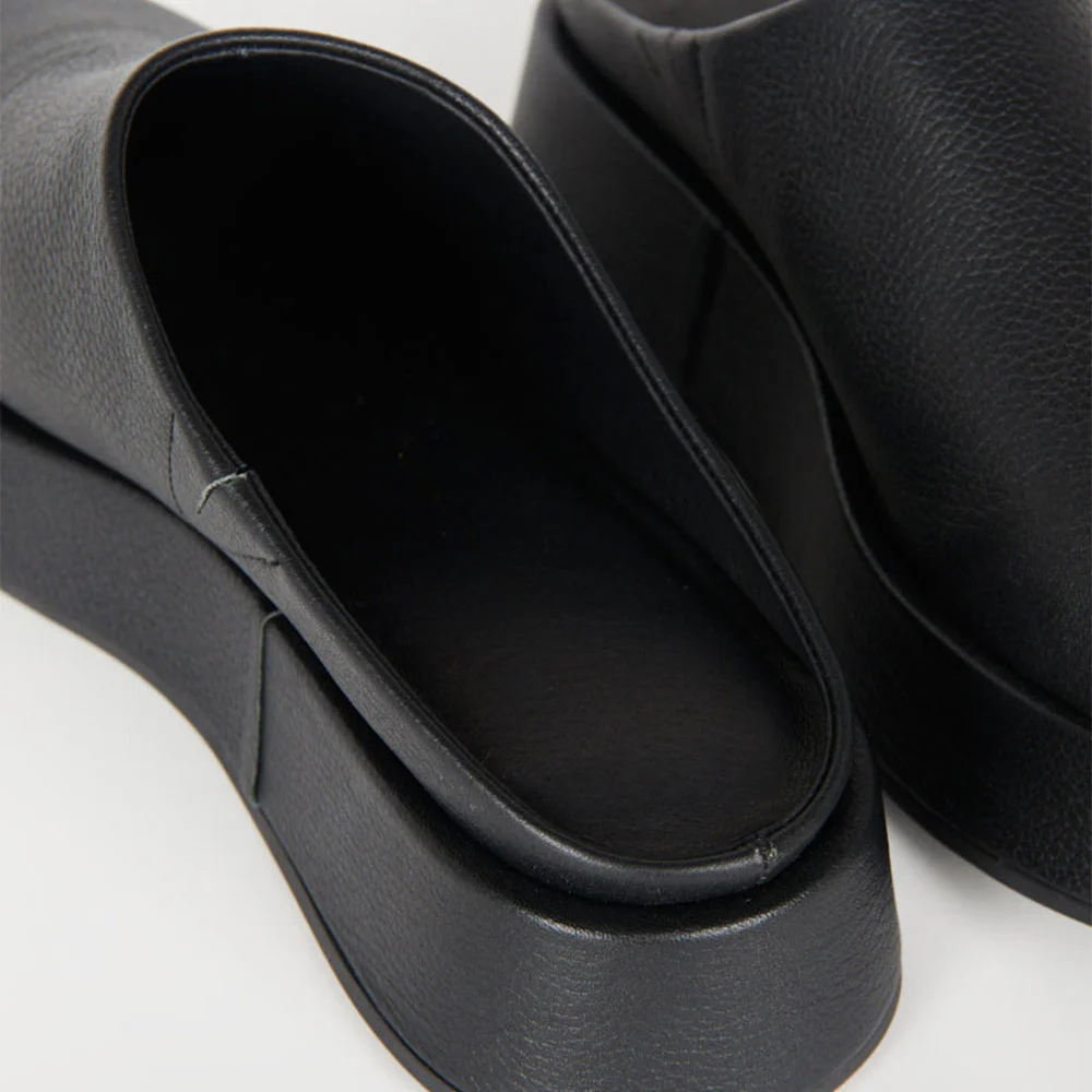 Black Faux Leather Round Toe Backless Slip On Platform Mules