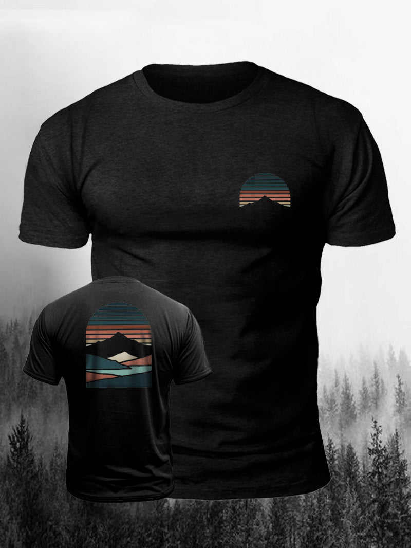 Men's Retro Geometric Maca Sunset Mountain Short-Sleeved Shirt