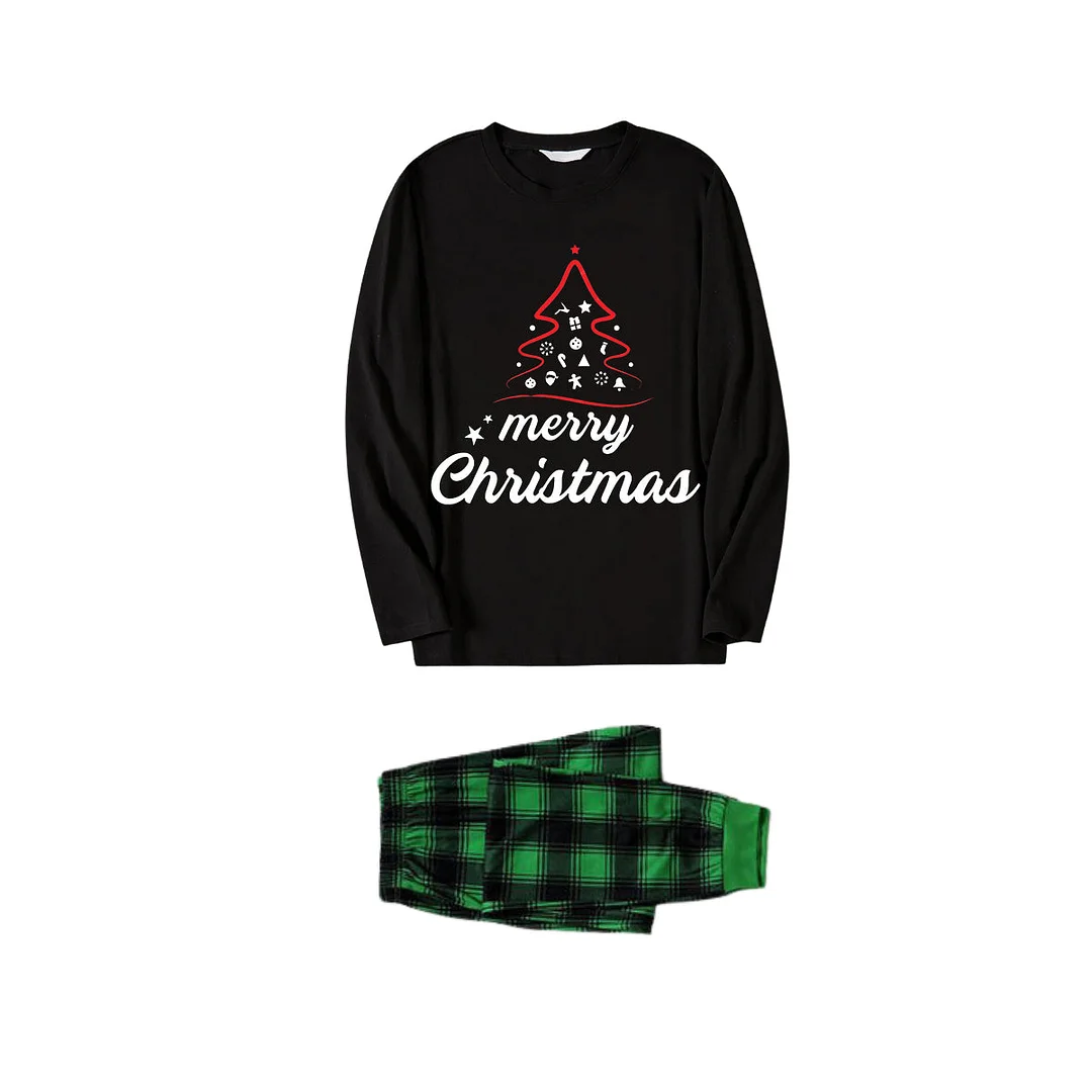 Red Christmas Tree Stick Figure - Black Long Sleeve Top with Black And Green Plaid Pants Family Matching Pajamas